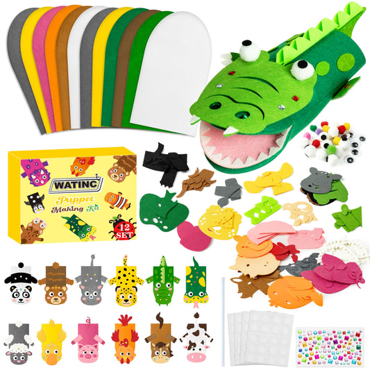 WATINC 12Pcs Hand Puppet Making Kit, Art Craft Felt Sock Puppet Toys, Creative DIY Make Your Own Pompoms Wiggle Googly Eyes Storytelling Role Play Party Supplies Gift for Girls Boys (Farm A Wild A)