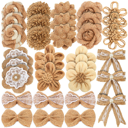 LEOBRO 33PCS Handmade Burlap Flowers Set, 8 Styles Rustic Artificial Flowers & 3 Styles Craft Burlap Lace Pearl Bowknot, for Wedding Home Decoration Christmas Party DIY Craft Bouquets
