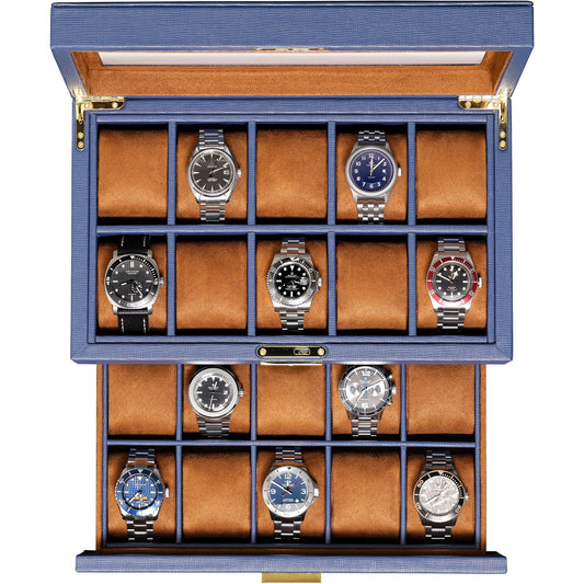 ROTHWELL 20 Slot Leather Watch box - Luxury Case Display Jewelry Organizer, - Locking Display Case Holder with Large Real Glass Top - Watch Box Organizer for Men and Women (Blue/Tan)