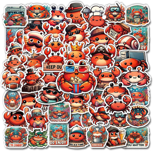 BIGZORO Pack 50 PCS Crab Stickers Print Sea Ocean Animal Waterproof Vinyl Decals Cute Items for Men Women Kids Boys