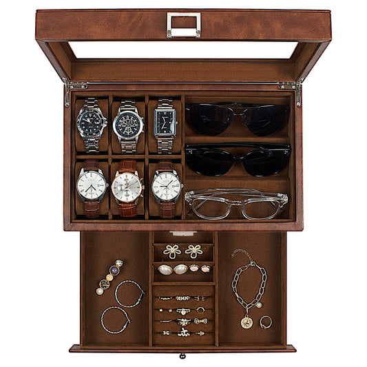 GUKA Watch box, 6 Slot Watch Case, 3 Slot Sunglass Organizer, Watch Cases for men with Real Glass Lid, Watch Organizer storage with Jewelry Case, Birthday for Men and Women,