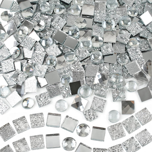 CHICSHIS 1000g Silver Mirror Mosaic Tiles for DIY, Assorted Textured Tiles for Glass, 20mm Colored Mosaic Squares & Glass Gems for Adults, Shining Stained Glass Kit for Mosaic Crafts and Handmade Art