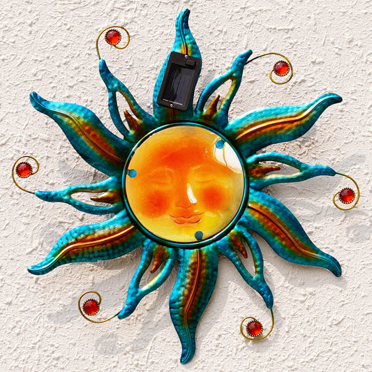 Fashionoda 18 "Solar Sun Face Wall Art - Metal Sculpture with LED Lights & Smiling Face, Outdoor Wall Hanging Fence Decorations (Blue)