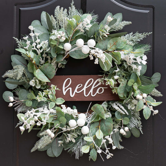 Winter Wreaths Front Door, Soomeir 24 Inch Winter Door Wreath with Snow Leaves, Pines Needles and Hello Wooden Sign for Home Window Mantle Indoor Outdoor Decor