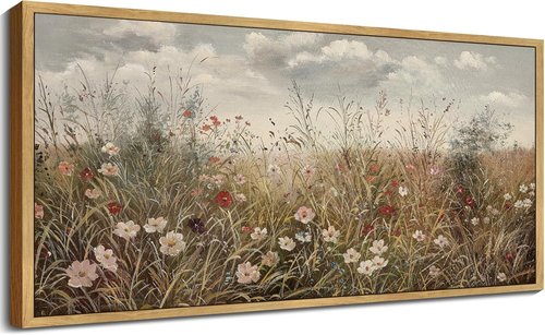 KUVIOKE Vintage Landscape Wall Art - Large 20x40in Meadow Wildflower Print | Rustic Farmhouse Decor