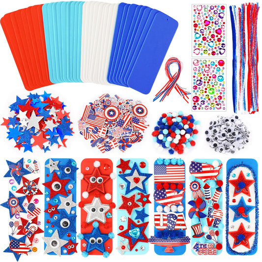 JULBEAR 36 Sets 4th of July Crafts Kits DIY Blank Foam Bookmarks Decorations Sets Patriotic Star Foam Self-Adhesive Stickers Arts for Kids Independence Day Party Favors Gift Exchange