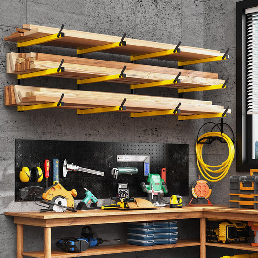 GREENER Lumber Storage Rack Folding Wood Storage Racks Wall-Mounted Metal Racks for Storage with 3-Level Heavy Duty Garage Wood Organizer for Woodworking Shop Indoor & Outdoor Use, 2 pairs,Yellow