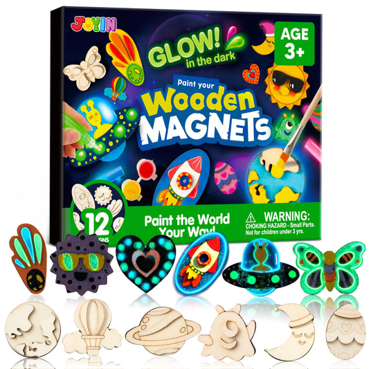 JOYIN 12 Glow in The Dark Wooden Magnets for Kids, Paint Your Own Arts and Crafts Painting Kit, Halloween Crafts Birthday Parties and Family Crafts Gift, Party Favors for Boys Girls Ages 3+