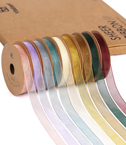 Vitalizart 3/8" x 90 Yards Organza Ribbon Set 9 Rolls x 10 Yd Sheer Ribbon for Gift Wrapping Crafts Christmas Tree Bows Wedding Invitations Wreaths Party Decor Bouquet DIY Projects (Mixed Colors)
