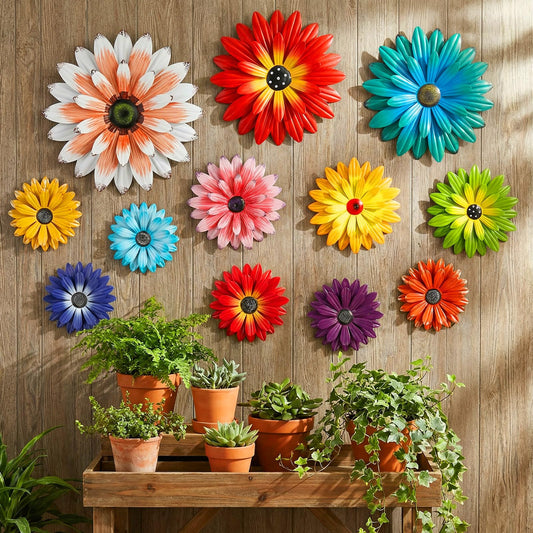 Zhehao 12 Pcs Metal Flower Wall Art Hanging 3D Daisy Decor Metal Flowers Outdoor Decor Multicolored Layered Floral Sunflower Wall Decorations for Home Garden Porch Patio, 6/8/10/12 Inches