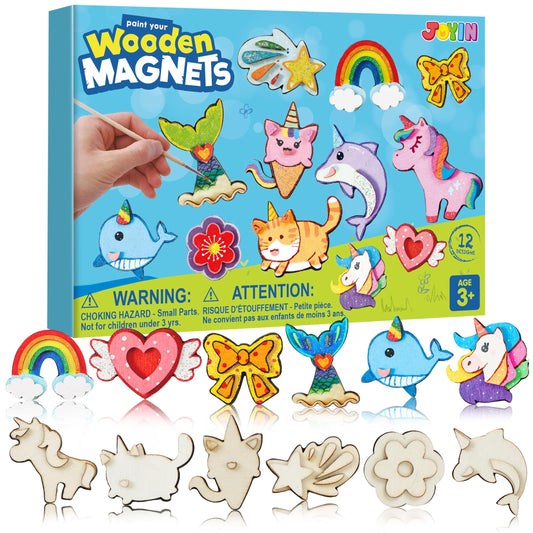 JOYIN 12 pcs Fantasy Wooden Magnets, Kids Unicorn Painting Craft, Spring and Rainy Day Activities School Art Projects, Toys for Kids Aged 3+ Birthday Easter