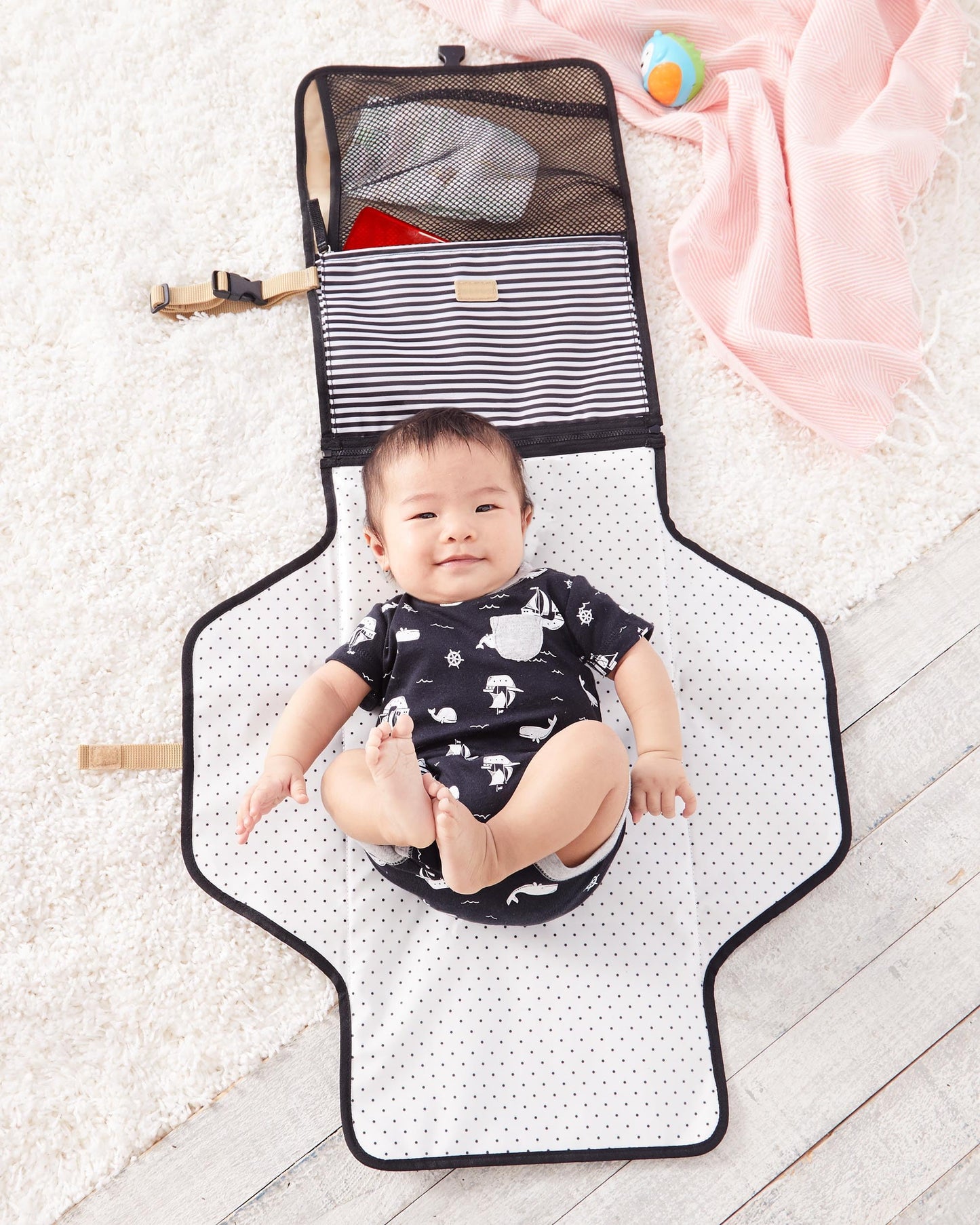Skip Hop Pronto Signature Portable Changing Mat, Cushioned Diaper Changing Pad with Built-in Pillow, Black Stripe