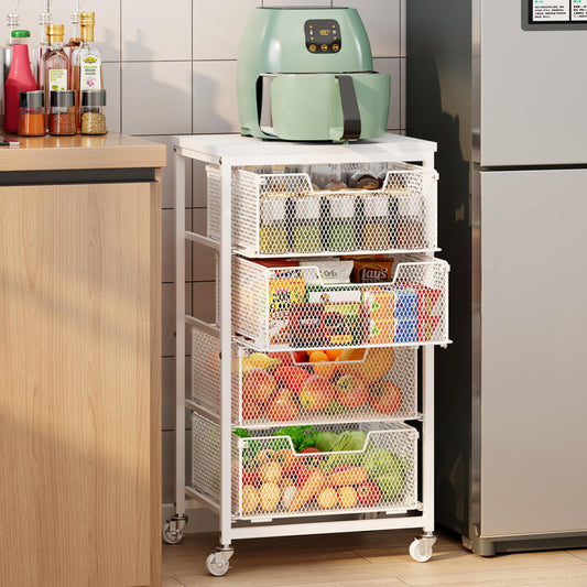 4-Tier Kitchen Storage Cart - Fruit Vegetable Storage Cart with Drawers, Wooden Top Metal Wire Kitchen Organizer and Storage Cart with Wheels to Storage Onions Potatoes Cans Snacks for Kitchen