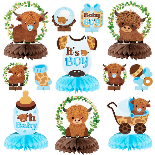 12Pcs Greenery Highland Cow Honeycomb Centerpieces Blue Highland Cattle Party Table Decoration It's a Boy Gender Reveal Cutout Welcome Baby Party Table Topper Photo Prop Decor