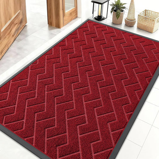 OLANLY Waterproof Front Door Mat - All-Season Herringbone Doormat | Easy Clean, Low Profile, Wine Red (47x32)