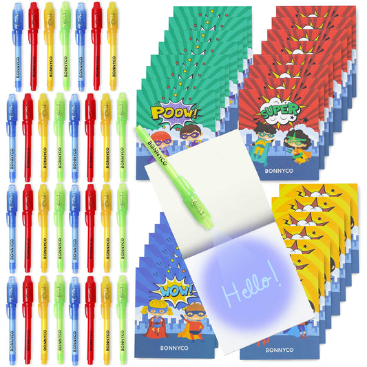 BONNYCO Invisible Ink Pen, Notebook Pack 32 Superhero Party Favors. Super Hero Party Favors for Kids, Goodie Bags Stuffers, Pinata, Classroom Prizes. Return Gifts for Kids Birthday, Student Gifts