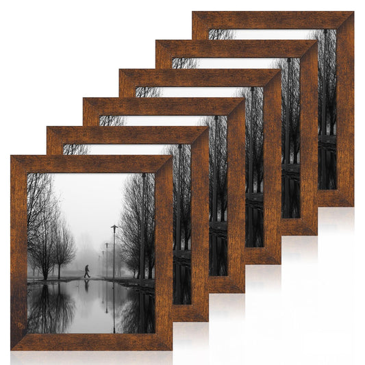 iRahmen 8x10 Picture Frame Set of 6, Dark Brown Rustic Frame with High Definition Real Glass, 8 x 10 Wood Photo Frames for Tabletop Display and Wall Mounting