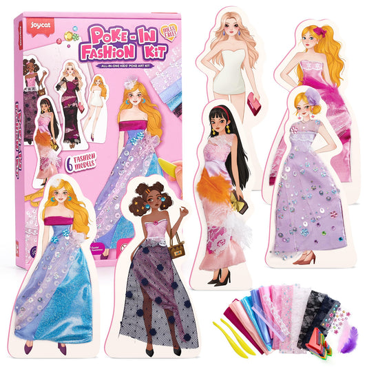 Poke-in Fashion Designer Kit for Girls, No-Sew DIY Craft Toys with 6 EVA Mannequins & Real Fabric, Safe & Non-Toxic Creative Dress Up Activity, Mess-Free Arts and Crafts Gift for Girls Age 5-12