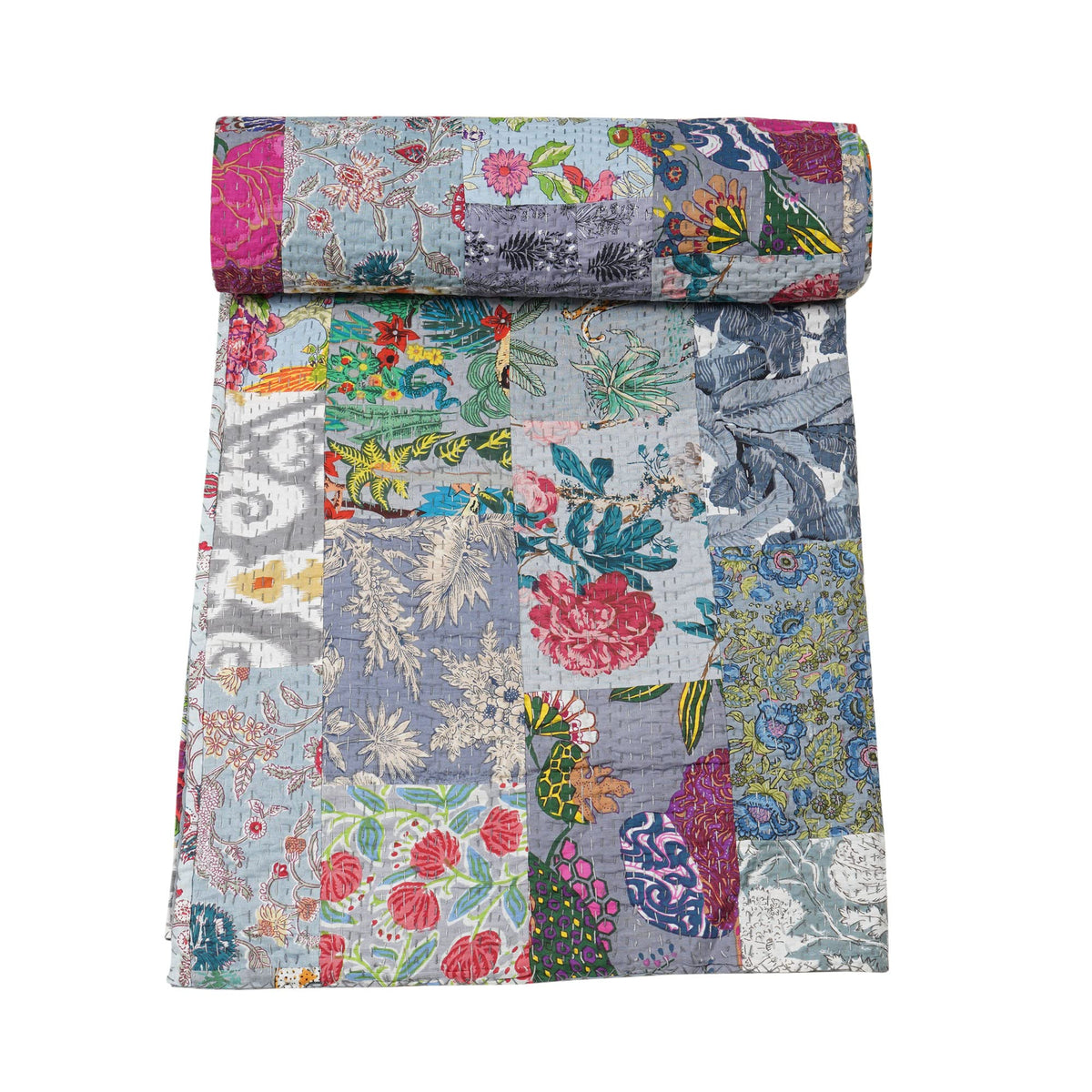 Marubhumi Indian Traditional Pure Cotton Patchwork Quilt, Paisley Print Kantha Quilt Multi Color (Multicolor-31, Twin (60"x 90"))