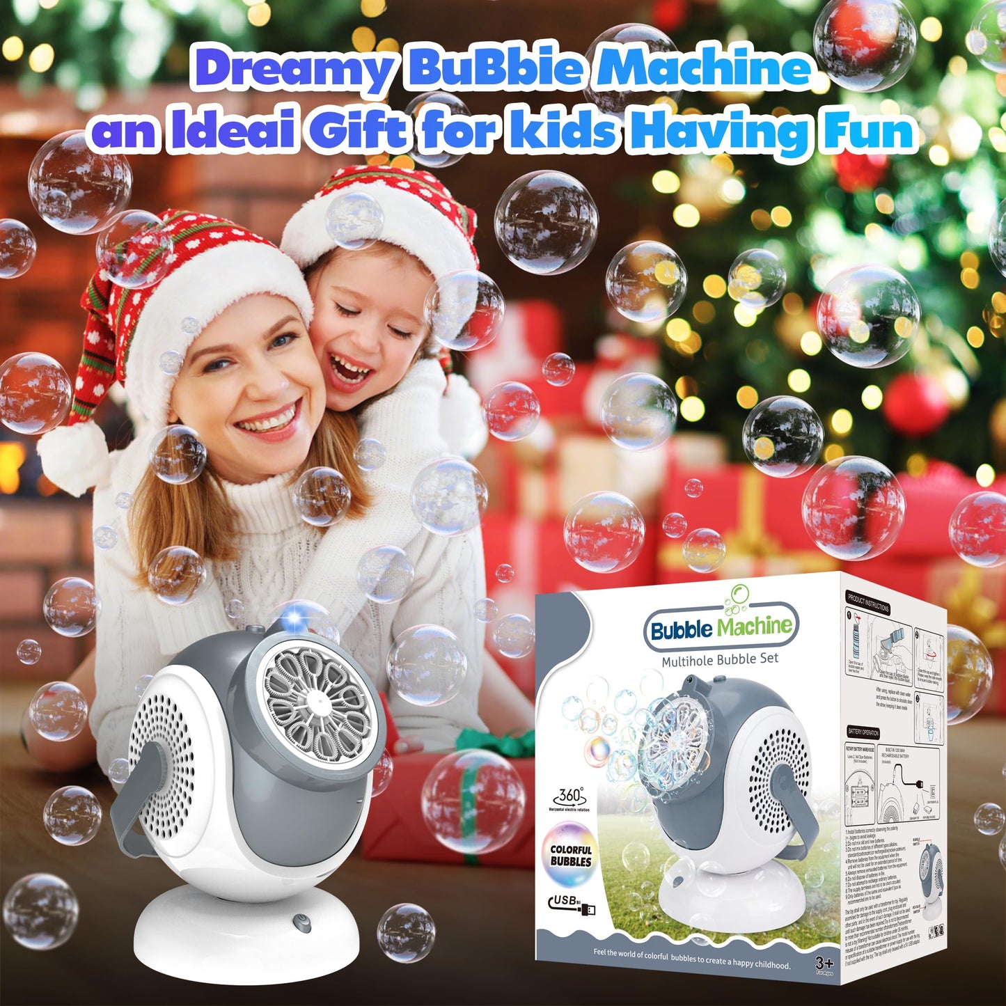 Big Bubble Machine - Automatic Bubbles Blower for Kids, Toddlers - 360° Oscillation & 75° Adjustment, Bubble Toys with LED Light - Gifts for Boys, Girls, Easter, Outdoor, Birthday, Party Use