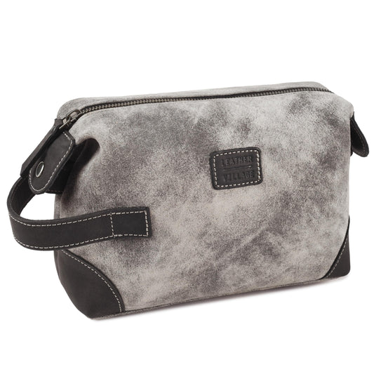 LEATHER VILLAGE Genuine Leather Dopp Kit for Men & Women with Waterproof Lining – Distressed Travel Toiletry Bag, Shaving & Bathroom Essentials Organizer - Distressed Grey