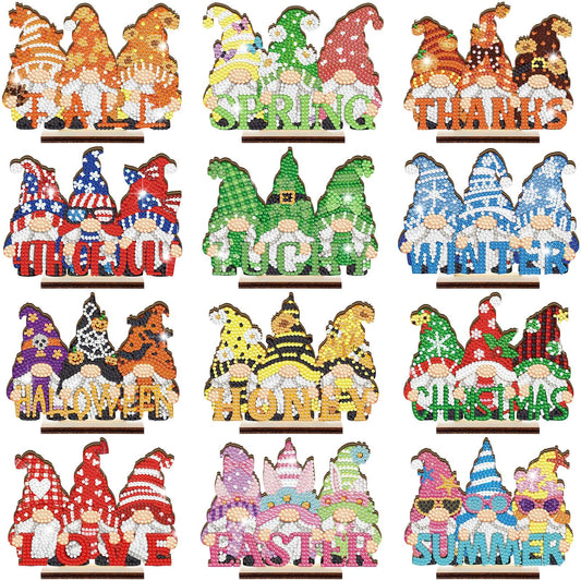 YooNotee 12 Sets Interchangeable Seasonal Diamond Art Tabletop Decorations Holiday Diamond Art Painting Kit with 12 Wood Base for Table Tiered Tray Decor Craft Graduation Centerpiece (Gnome)