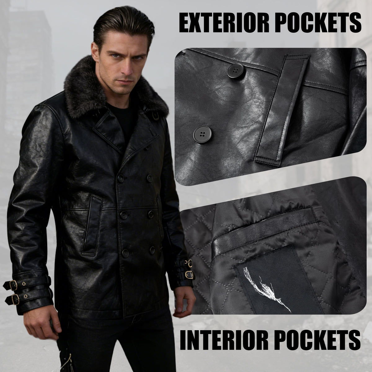 Mifidy Leons Leather Jacket, Mens Biker Style Fur Collar Black Vintage Gaming Outerwear Trench Coat for Cold Weather Cosplay Casual Fashion, L