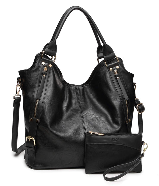 Women Tote Bag Handbags PU Leather Fashion Hobo Shoulder Bags with Adjustable Shoulder Strap (Black, L)