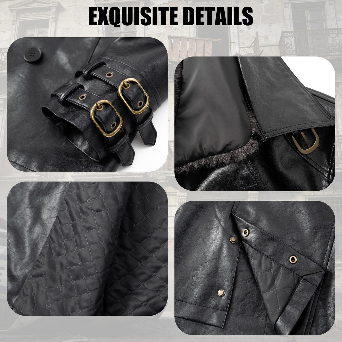 Mifidy Leons Leather Jacket, Mens Biker Style Fur Collar Black Vintage Gaming Outerwear Trench Coat for Cold Weather Cosplay Casual Fashion, L