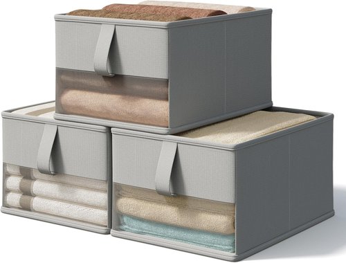Foldable Storage Bins by [Brand Name] - Breathable Fabric Organizers with Clear Window | 3-Pack Gray, 11.5 x 8.75 x 6.5in