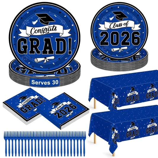 122 Pcs 2026 Graduation Decorations Serves 30, Graduation Party Plates and Napkins Set, Disposable Class of 2026 Grad Decorations, Blue Congrats Grad Paper Dinnerware Table Decor for Party