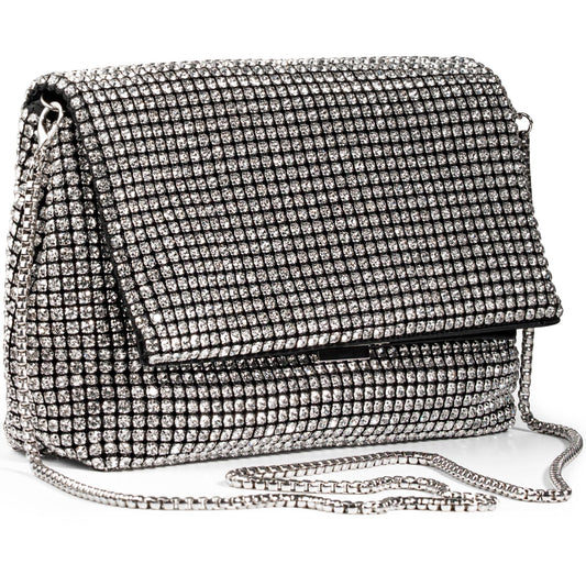 SARA DESIGNS Luxury Crystal Rhinestone Envelope Clutch Bag - Sparkly Silver Evening Purse for Weddings, Galas, and Formal Events - Designer Sparkle Pouch with Detachable Chain