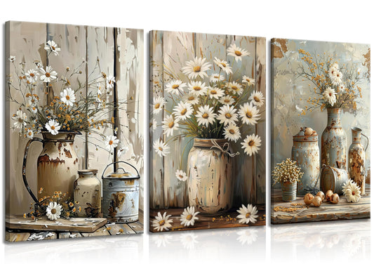 Rustic Farmhouse Daisy Flower Canvas wall art Vintage Country Floral Poster Print Artwork Modern Still Life Nature Botanical Wall Decor for Bedroom, Living Room Bathroom Scene Furniture Decoration