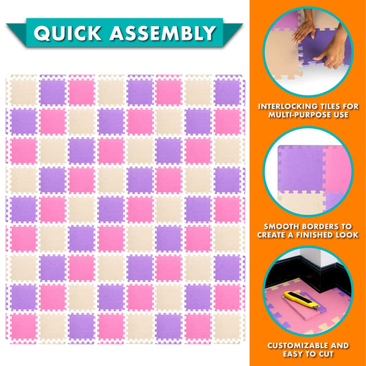 ProSource Baby Play Mat, Soft Foam Floor Tiles for Kids, Interlocking EVA Panels for Playpen Use, Crawling Development Surface, Safe Non-Toxic Toddler Flooring, 72 Tiles, Pink/Purple/Beige