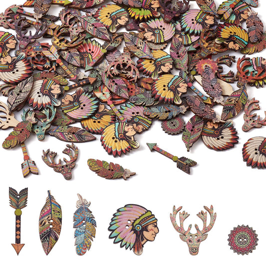 MegaPet 200pcs Vintage Wood Buttons 2 Holes Flower Arrow Deer Feather Craft Button Painted Colorful Embelishments for DIY Sewing Process Decoration
