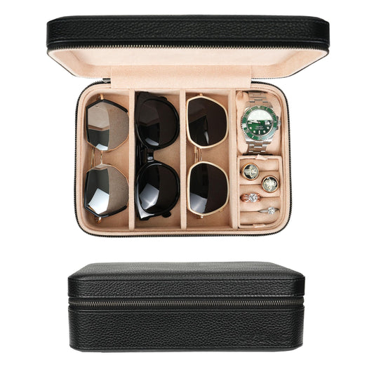 SYENS 4 Slot Sunglasses Travel Case, Real Leather Eyeglasses Storage Box, DIY Organizer Glasses/Jewelry/Watch Display Case for Women Men (4 slot_Black Leather)