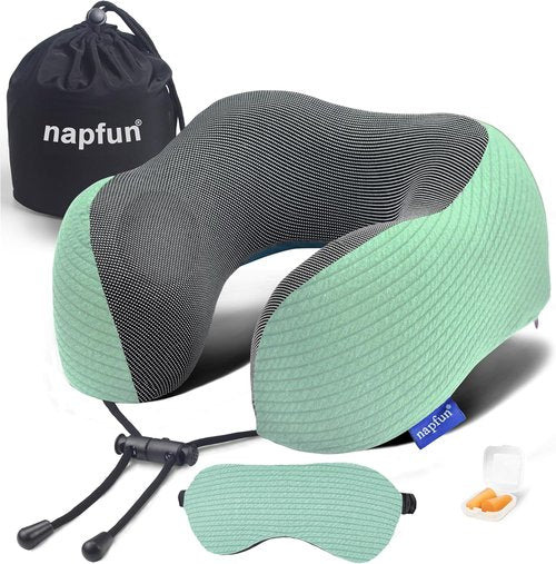 Napfun Neck Pillow - Memory Foam Travel Pillow with Sleep Mask, Earplugs & Pouch | Turquoise Striped Kit