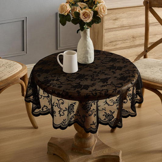 HLC.ME Harper Floral Lace Fabric Tablecloth, Lace Fabric Table Cloth for Round Tables, Wrinkle Resistant Tablecloth, Patterned Scalloped Tablecloth (36 Round, Black)