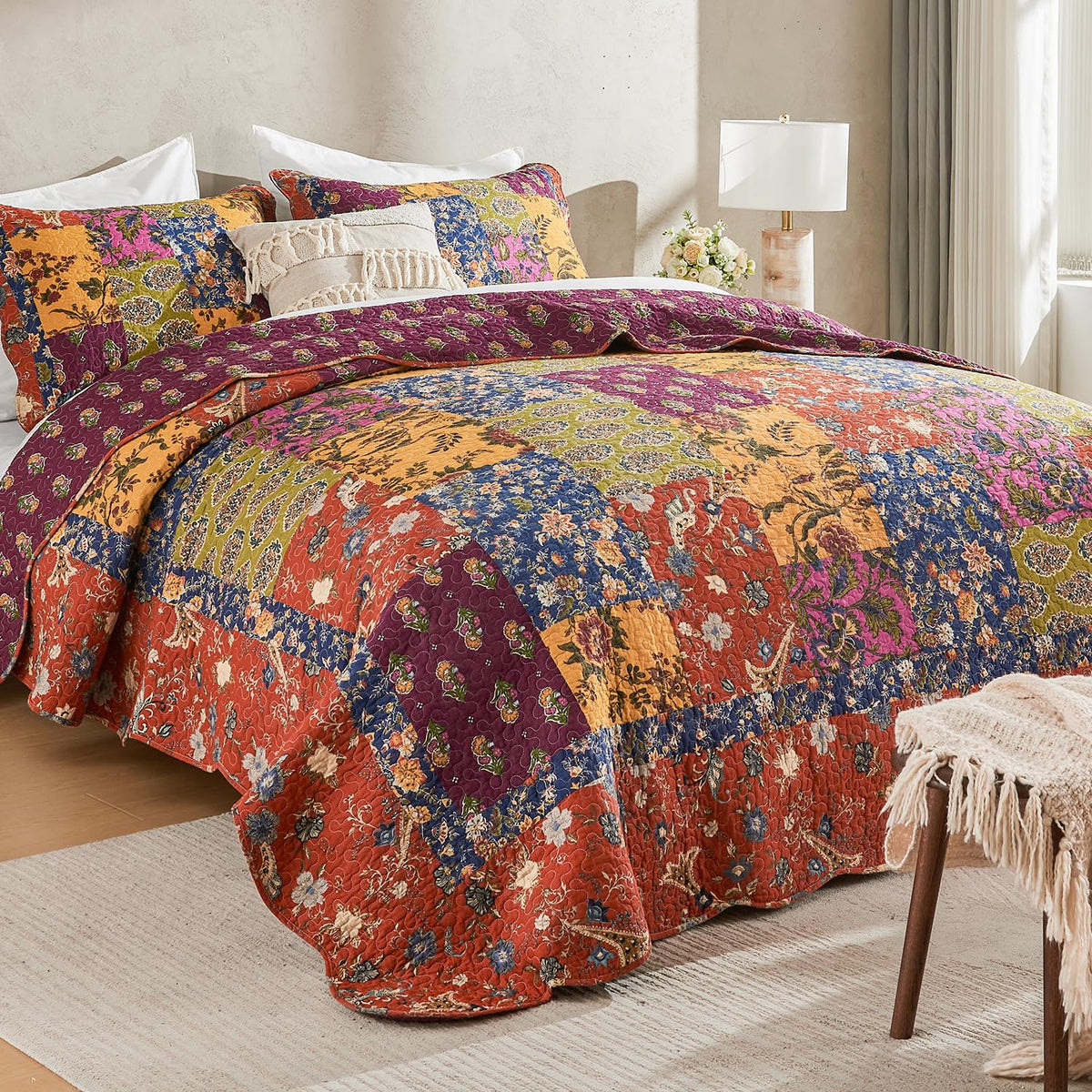 DECMAY 100% Cotton Quilt Queen Size, 3 Pieces Patchwork Bedspreads Queen Quilt Bedding Set, Lightweight Farmhouse Reversible Coverlet Comforter Set with 2 Pillowcases for All Seasons, Orange