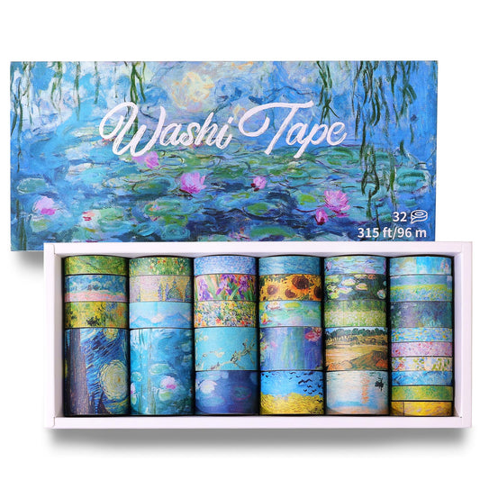 PAGEMORE 32 Rolls Washi Tape Set, Colored Van Gogh Patterns Decorative Masking Tape, Vintage Artists Tapes for Journaling, Junk Journal, DIY Craft Projects, Scrapbooking Supplies Decor