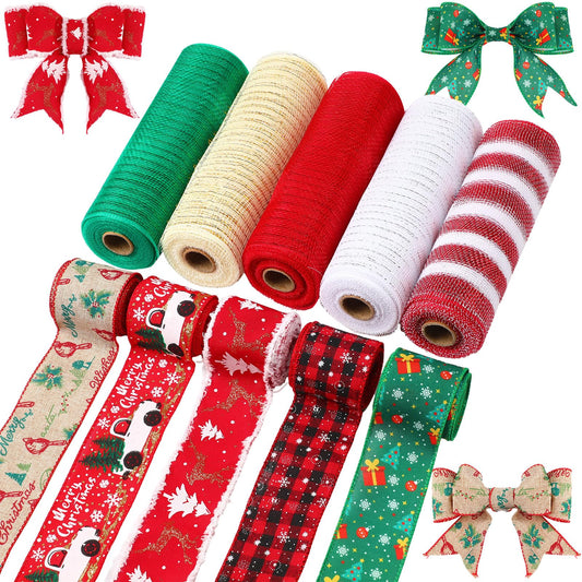 Woanger 10 Rolls Christmas Ribbon Include 5 Roll Wreath Mesh Ribbon Decor 5 Roll Christmas Wired Ribbon Stripe Rolls Metallic Poly Red Green White Decoration Ribbon for DIY Wrapping Craft Wreath Party