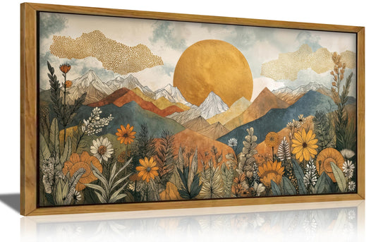 Vintage Framed Large Abstract Mountain Wall Art,Horizontal Boho Nature Landscape Canvas Print,Daisy Sun and Flowers Picture Poster,Japanese Orange Painting Artwork for Bedroom Living Room Office