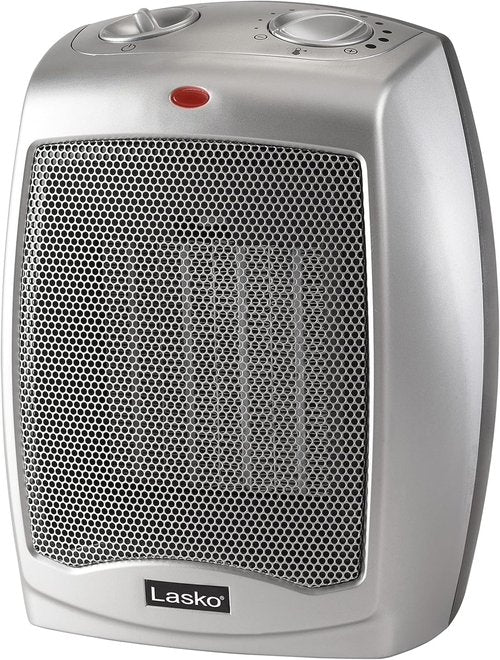 Lasko Electric Ceramic Space Heater - Adjustable Thermostat, 2 Heat Settings, 9.2 Inches, Silver