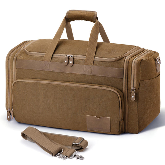 SHOWKOO Duffle Bag for Travel 60L Expandable Canvas Travel Bag Durable Vintage Weekender Overnight Carry On Bag for Men(Coffee)