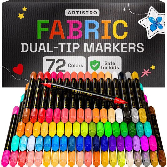 ARTISTRO 72 Dual-Tip Fabric Markers - Fabric Decorating Kit - Permanent for Clothes - Acrylic Paint Pens for Sneakers, Bags, Shoes, Textile, Canvas, Sewing, Craft, DIY - Brush and Fine Tip