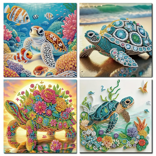 KUFWKEY 4 Pack Sea Turtle Diamond Art Kits for Adults,5d Diamond Painting Kits for Beginner,Crystal Rhinestones DIY Handicrafts,Diamond Mosaic Gem Art,Special Shape Diamond Art,11.81X11.81 inchs