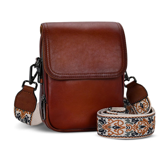 HESHE Leather Small Crossbody Bags for Women RFID Blocking Cell Phone Purse Anti-Theft Travel Bag with wide Straps (Retro Brown)