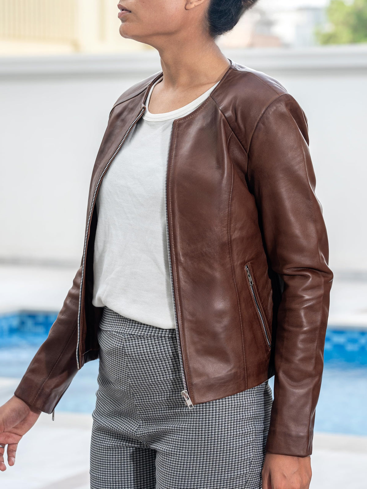Jild Stylish Collarless Leather Jacket Women – Slim Fit Elegant Style Womens Lightweight Lambskin Leather Jacket (Bas.Wo-Cognac-4XL)