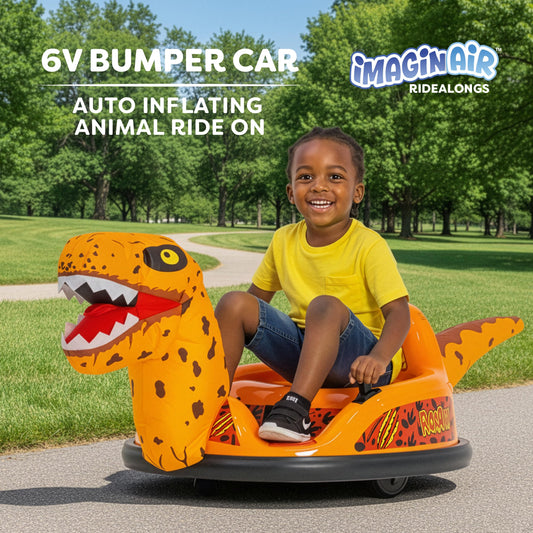 ImaginAir 6V Raptor Dinosaur Toys Bumper Car - Kids Car to Drive, Ride On Toy, Auto-Inflated, w/Music, Parent Remote Control, LED Lights, 360° Spin, 1 MPH, Max Weight of 66lbs, Age 1.5-4 Years
