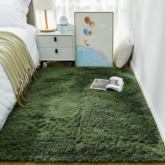 Ophanie Gray Green Grass Area Rug - Soft Fluffy Shag Carpet for Bedroom | 3x5 Cute Kids Nursery Decor